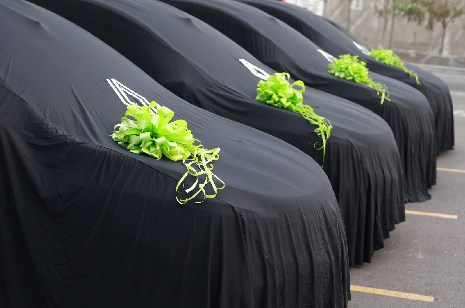 Fila de Renault Kangoo cubiertas con lazos verdes